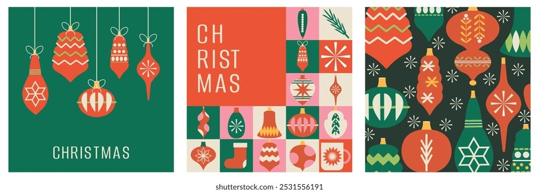 Set of posters. Christmas and New Year. 2025. Year of the snake. Mosaic. Neo geometric modern trendy design. Wrapping paper. Hand drawn. Doodle. Elements, shapes and frames. Xmas. Seamless pattern 