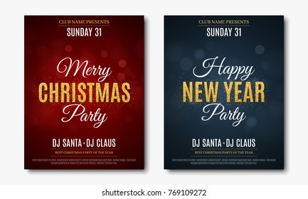 Set posters for Christmas and New Year party. Invitation card. The text is made of gold glitters. Red and blue backgrounds with glare bokeh. The names of the DJ and club. Vector illustration