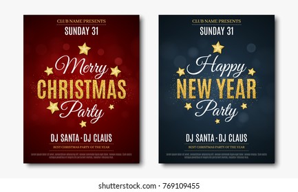 Legen Sie Plakate für die Weihnachts- und Neujahrsfeier. Einladungskarte. Der Text besteht aus Goldglättchen. Rote und blaue Hintergründe mit glattem Bokeh. DJ und Club. Goldstars. Vektorgrafik