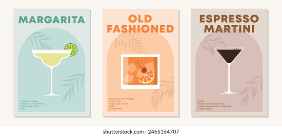 Conjunto de carteles con cócteles. Receta de aperitivo. Bebidas alcohólicas en vasos para la temporada de verano. Margarita, Old Fashioned y Espresso Martini. Estampado minimalista de Vertical contemporánea. Ilustración plana