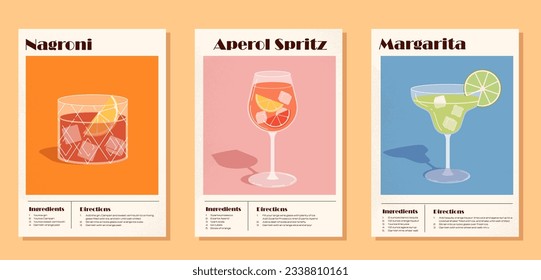 Set of posters with cocktails. Cold tasty liquids and beverage. Alcoholic drinks in glasses for summer season. Margaritta, Aperol Spritz. Cartoon flat vector collection isolated on orange background