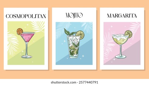 Set of posters with cocktails. Cold tasty liquids and beverage. Alcoholic drinks in glasses for summer season. Cosmopolitan, Margarita,Mojito cocktails.