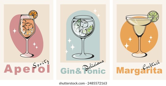 Set of posters with cocktails in retro style. Alcoholic drinks in glasses. Aperol, Margarita and Gin Tonic. Minimalistic modern vertical print. Flat illustration. Vector illustration