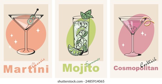 Set of posters with cocktails in retro style. Alcoholic drinks in glasses. Martini, Mojito and Cosmopolitan. Minimalistic modern vertical print. Flat illustration