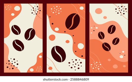 Set of posters with coffee beans on brown background. Abstract banners with coffee design. Template for advertising, posters, social media, decorations, cards. Design element. Vector illustration. 