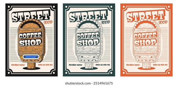 Set of posters of a coffee shop in the style of the 70s. Vector illustration of a coffee shop print in monochrome minimalism.