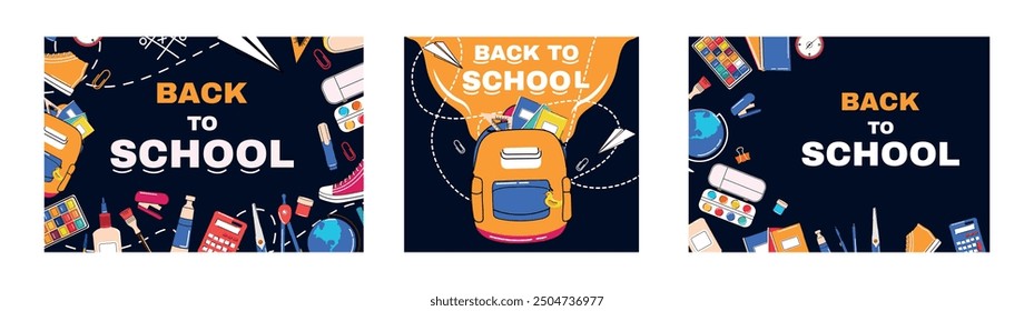 Set posters and collection of school supply. Online education. Preschool. Trendy design. School backpack, pen, pencils, paints, paper clips, calculator, notebooks. Equipment. Stickers, posters, banner