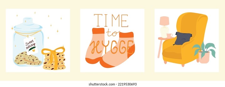 Set of posters of comfort hygge.  wall art. Colorful, cozy, vector illustrations of graphic interior decoration.Winter postcards