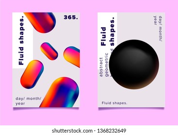 Set of posters with composition of vibrant chromatic oily 3d shapes. Minimal vaporwave futuristic cover design template for party event.