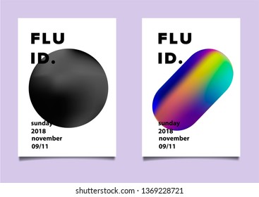 Set of posters with composition of vibrant chromatic oily 3d shapes. Minimal vaporwave futuristic cover design template for party event.