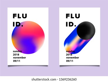 Set of posters with composition of vibrant chromatic oily 3d shapes. Minimal vaporwave futuristic cover design template for party event.