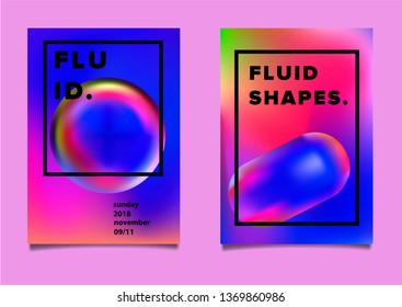 Set of posters with composition of vibrant chromatic oily 3d shapes. Minimal vaporwave futuristic cover design template for party event.