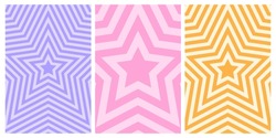 Set of posters with concentric stars. Trendy y2k patterns in pastel colors. Trippy psychedelic wallpaper designs. Aesthetic backgrounds with hypnotic effects. Vector flat illustration