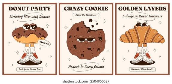 Set of posters with a cookie, croissant, and donut in a groovy style. Pastries and sweets. National Dessert Day. Sweet pastries for breakfast. Vector funny characters with eyes and legs