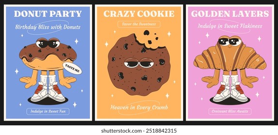 Set of posters with a cookie, croissant, and donut in a groovy style. Pastries and sweets. National Dessert Day. Sweet pastries for breakfast. Vector funny characters with eyes, legs, and arms