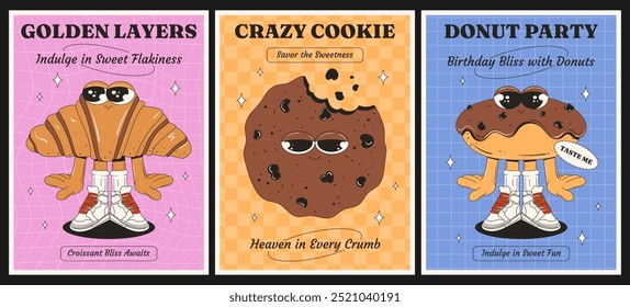 Set of posters with a cookie, croissant, and donut in a groovy style. Pastries and sweets. National Dessert Day. Sweet pastries for breakfast. Vector characters with eyes, legs, and arms