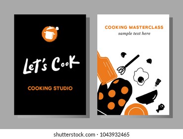 Set of posters for cooking masterclasses, food studio,  food festival.  Lets cook. Lettering. Illustration of cooking process. 