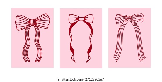 Conjunto de carteles con coquetas lazos dibujados a mano. Ilustración de línea de Vector en estilo vintage. Tarjetas de felicitación elegantes