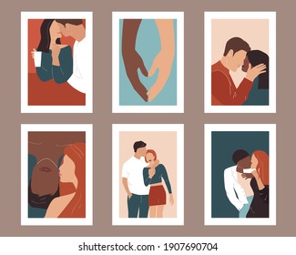 Set of posters with couples in love. Minimalism. Vector illustration.