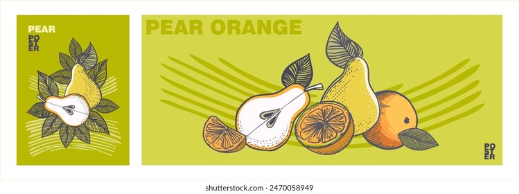 A set of posters (covers, cards, banners) made of hand-drawn fruits in a vintage style. Linear line art with color fill and text - a modern type of printing art