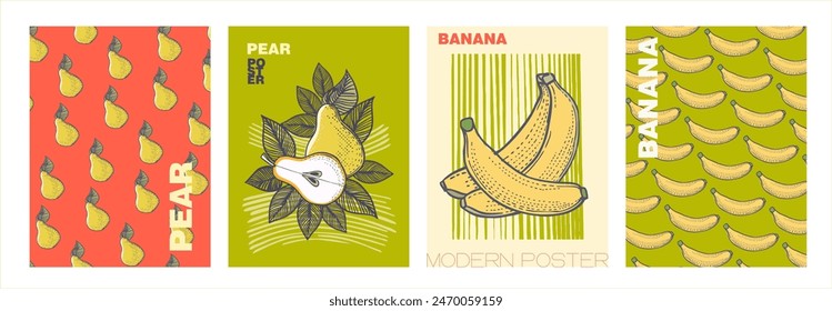 A set of posters (covers, cards, banners) made of hand-drawn fruits in a vintage style. Linear line art with color fill and text - a modern type of printing art