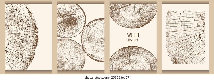 A set of posters with a cross-section of wood. Design for menu, cover, flyer, background, invitation. Tree growth layers close-up. Vector image.