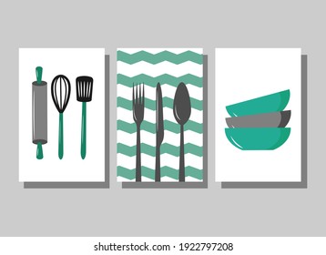 A set of posters with culinary tools. Spoon and fork, knife, bowl and whisk, rolling pin and spatula. Vector illustration isolated on white background. For interior decoration of houses, restaurants