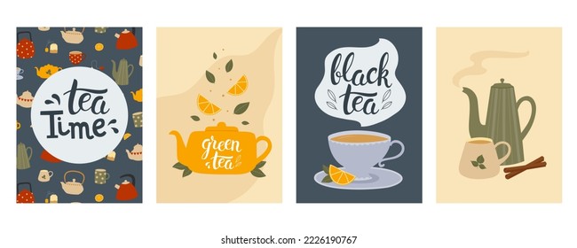Set of posters with cups and teapots and hand drawn lettering texts. Template for poster, banner, card, flyer. Vector illustration