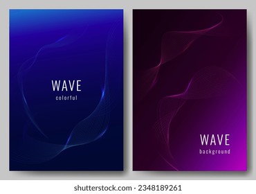 Set of posters. Curved thin lines on dark blue and purple background. Dynamic wave. Luxury background design. Vector illustration for cover, invitation, card, flyer.
