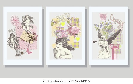 Set of posters. Cute angel. Cupid is the god of love. Engraved style. Creative background with elements and objects. Colorful composition