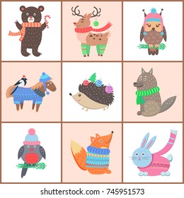 Set of posters with cute animals, fox and bear, reindeer and horse, hedgehog and wolf, rabbit and bullfinch vector illustration isolated on white