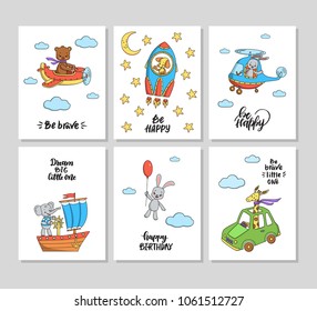 Set of posters with cute animals and hand lettering.Be brave,
you are my sunshine, dream big little one, sweet dreams, be happy, happy birthday.