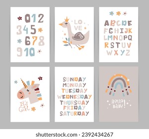 Set of posters with cute animals, numbers and alphabet for girls. Perfect for kids bedroom, nursery decoration, posters and wall decorations
