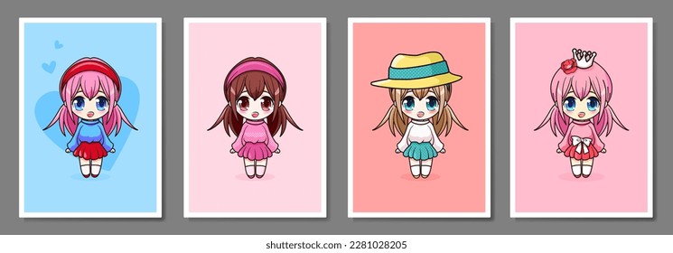 Set of posters with cute anime chibi girls.