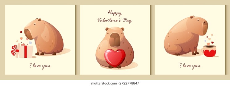 Un conjunto de carteles con capibaras lindas para el día de San Valentín. Vector.
