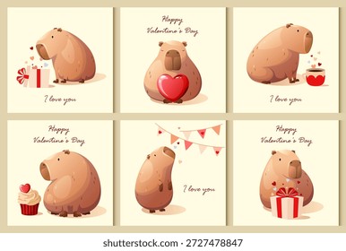 Um conjunto de cartazes com capibaras bonitos para o Dia dos Namorados. Vetor.
