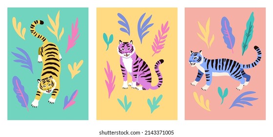 Set of posters with cute cartoon tigers isolated on white background.