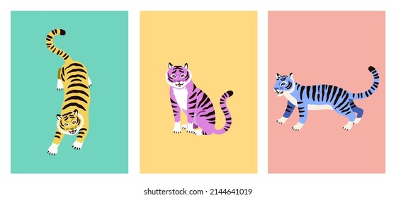 Set of posters with cute cartoon tigers isolated on white background.