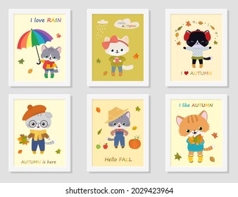Carteles con gatos lindos. Clíparte de otoño. Caricatura de estilo plano. Ilustración del vector