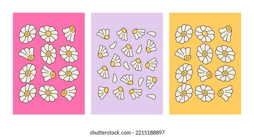 Set of posters with cute chamomile flowers and petals. Retro groovy y2k style backgrounds. Vector illustration in 00s, 90s, y2k style