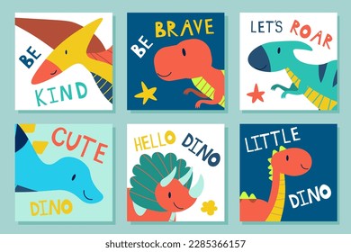 Set of posters with cute dinosaurs and letterings. Baby design for birthday invitation or Childish design for birthday invitation, poster, clothing, nursery wall art and card. EPS