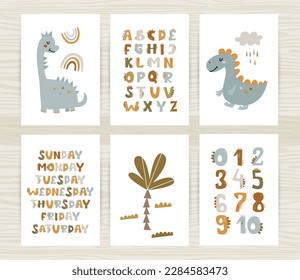 Set of posters with cute dinosaurs, numbers and alphabet dinosaurs