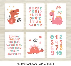 Set of posters with cute dinosaurs, numbers and alphabet dinosaurs. Perfect for kids bedroom, nursery decoration, posters and wall decorations