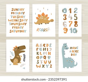 Set of posters with cute dinosaurs, numbers and alphabet dinosaurs. Perfect for kids bedroom, nursery decoration, posters and wall decorations
