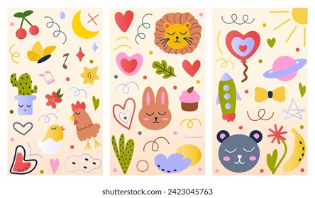 Set of posters with cute elements. Three adorable posters showcase a blend of illustration and design, adorned with charming cartoon elements. Vector illustration.