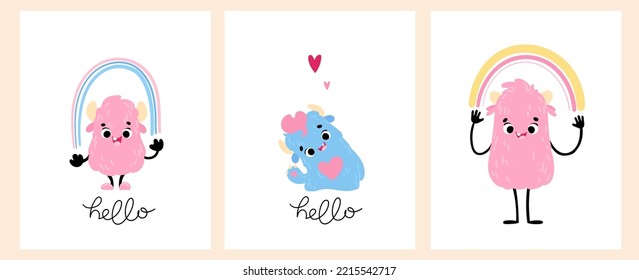 Set posters with Cute monster. Vector print for children room, fabric, paper, greeting card, postcard, card, t shirt, poster, textile. Vector illustration