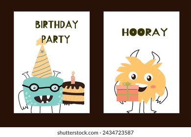 Conjunto de carteles con monstruos lindos para la fiesta. La ilustración vectorial se puede utilizar para el banner, el fondo del cumpleaños del bebé, la tarjeta de felicitación, el póster para el interior. 
