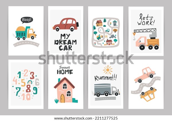 Set of\
posters with cute nursery cars. Perfect for kids bedroom, nursery\
decoration, posters and wall\
decorations