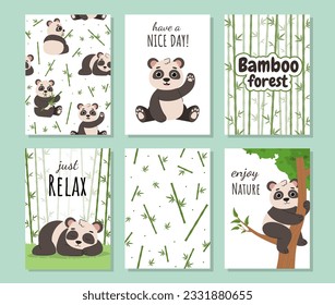 Set of posters with cute pandas. Exotic animal on tree branch at rainforest. Wildlife, flora and fauna. Biology and zoology. Cartoon flat vector collection isolated on green background