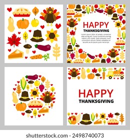 Set of posters with cute paper cut thanksgiving icons isolated on white backgrounds. Seasonal autumn festival. Local vegetables from farm.
